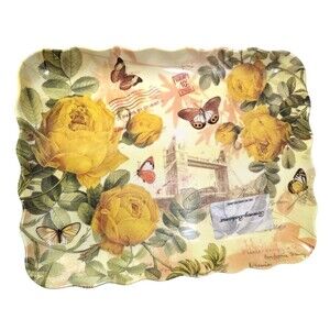 Yellow Rose Butterfly Serving Tray Platter French Postage Stamp Melamine NEW